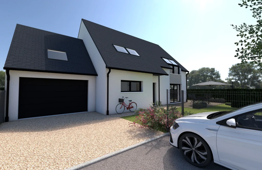 Maison moderne à Caen, Normandie, avec garage et bicyclettes, conforme aux normes environnementales récentes.