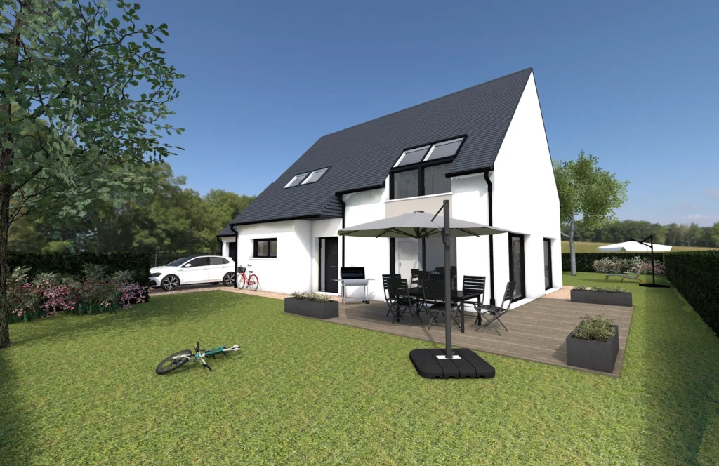 Maison contemporaine avec jardin, terrasse aménagée et stationnement, proposée par Sylphane Promotion à Caen, Normandie.