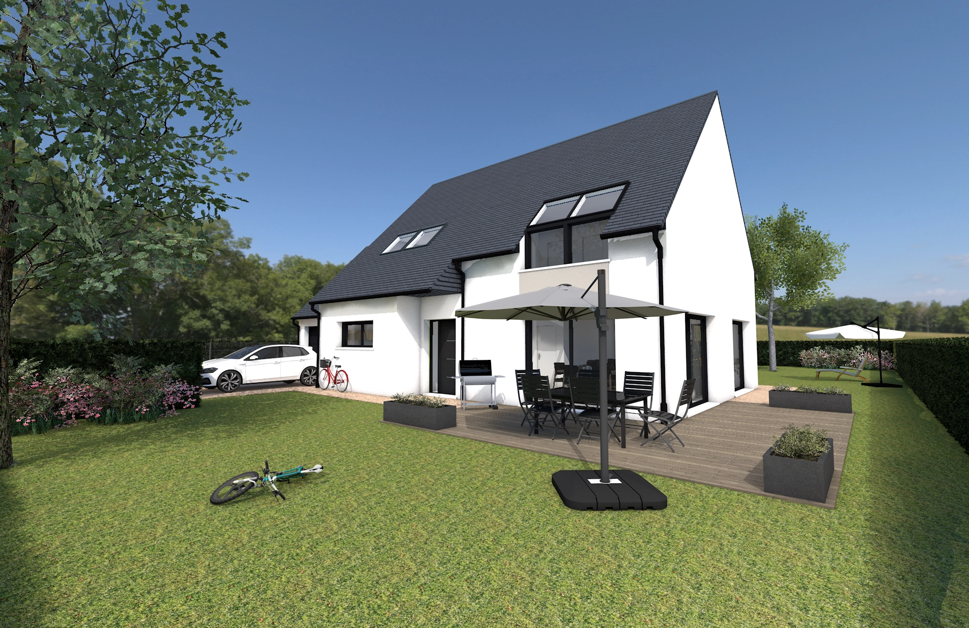 Maison contemporaine avec jardin, terrasse aménagée et stationnement, proposée par Sylphane Promotion à Caen, Normandie.
