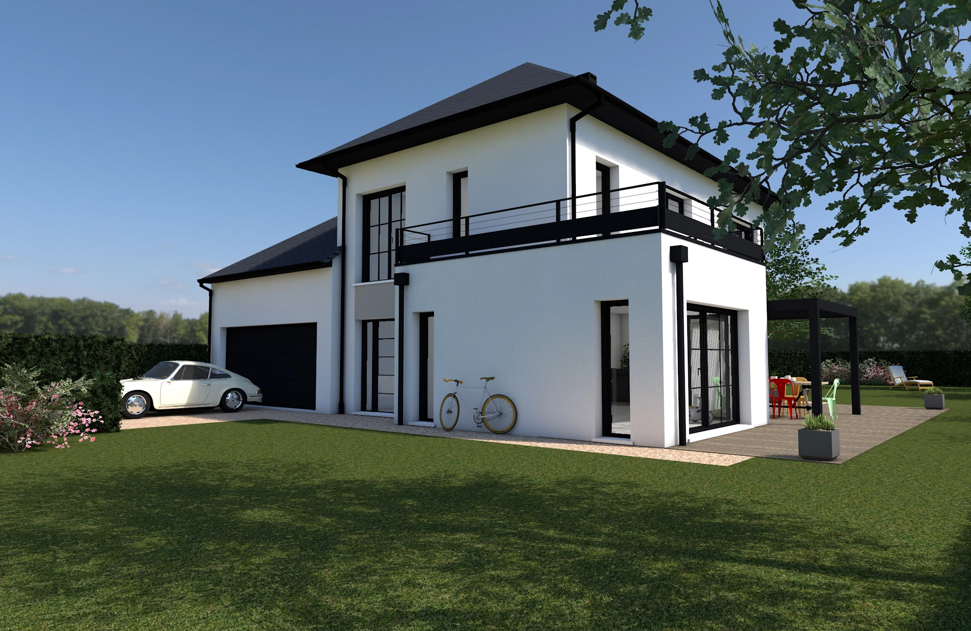 Maison contemporaine à Caen, Normandie, avec jardin, garage et terrasse, conforme aux normes RE 2020.