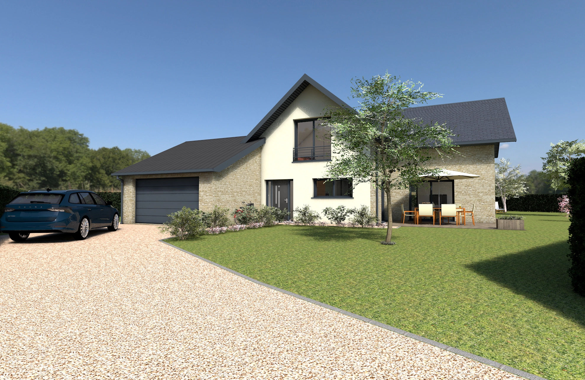 Maison individuelle moderne à Caen, Normandie, avec jardin et garage, construite selon des normes environnementales modernes.