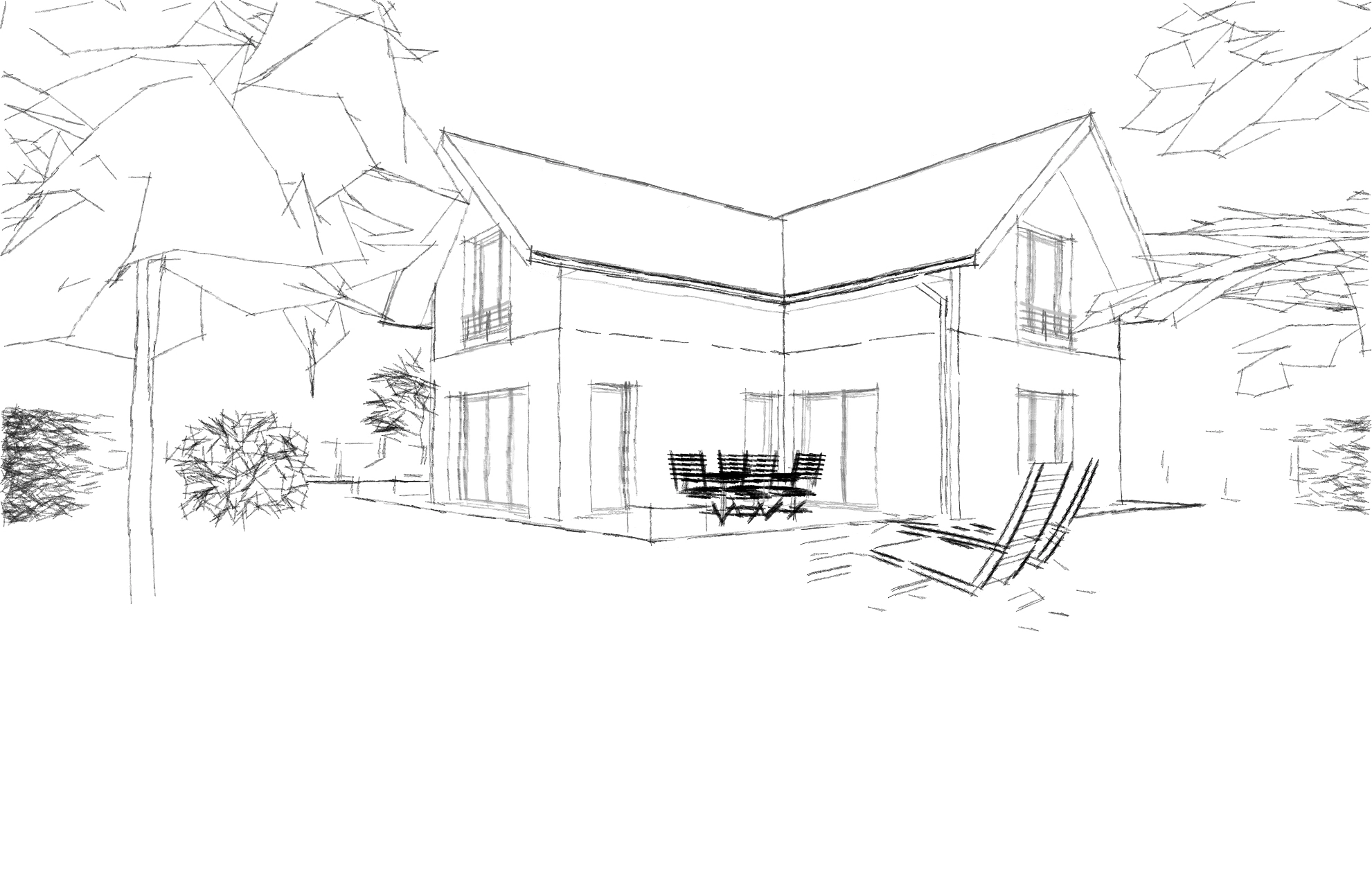 Croquis d'une maison individuelle moderne, conçue par Sylphane Promotion à Caen, Normandie, avec espace extérieur et mobilier.
