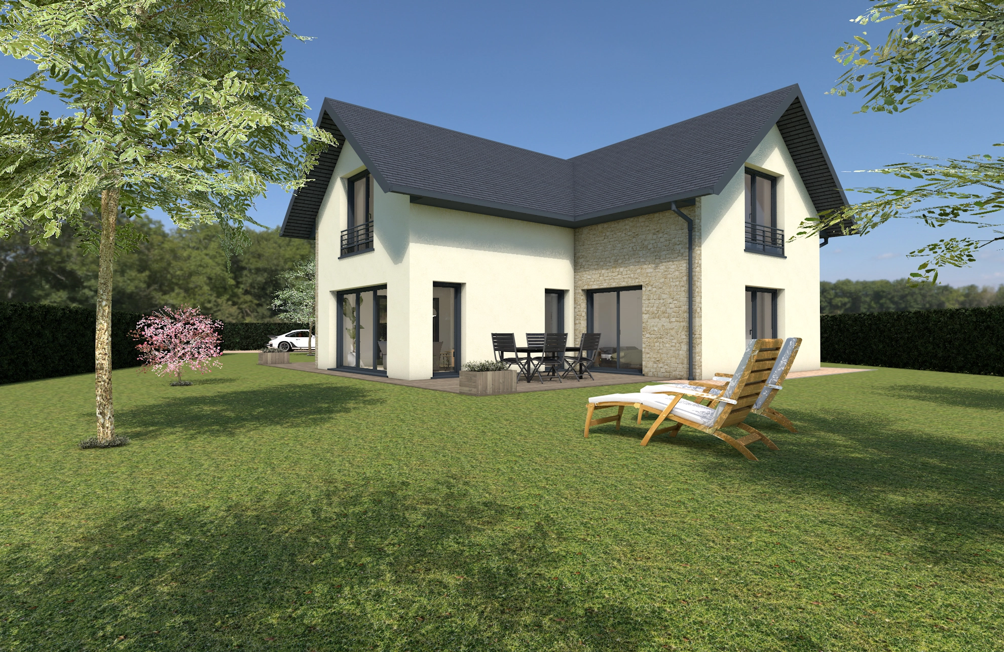 Maison moderne avec jardin à Caen, présentant une architecture contemporaine et un espace extérieur aménagé.