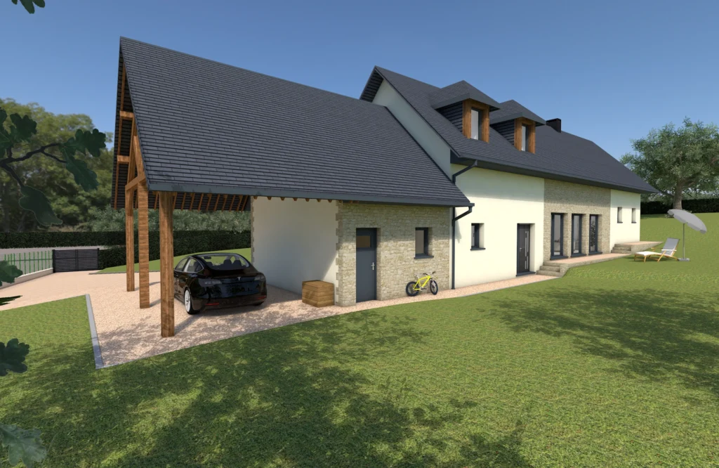 Maison moderne avec pergola, carport et jardin, par Sylphane Promotion à Caen, Normandie. Qualité haut de gamme et respect environnemental.