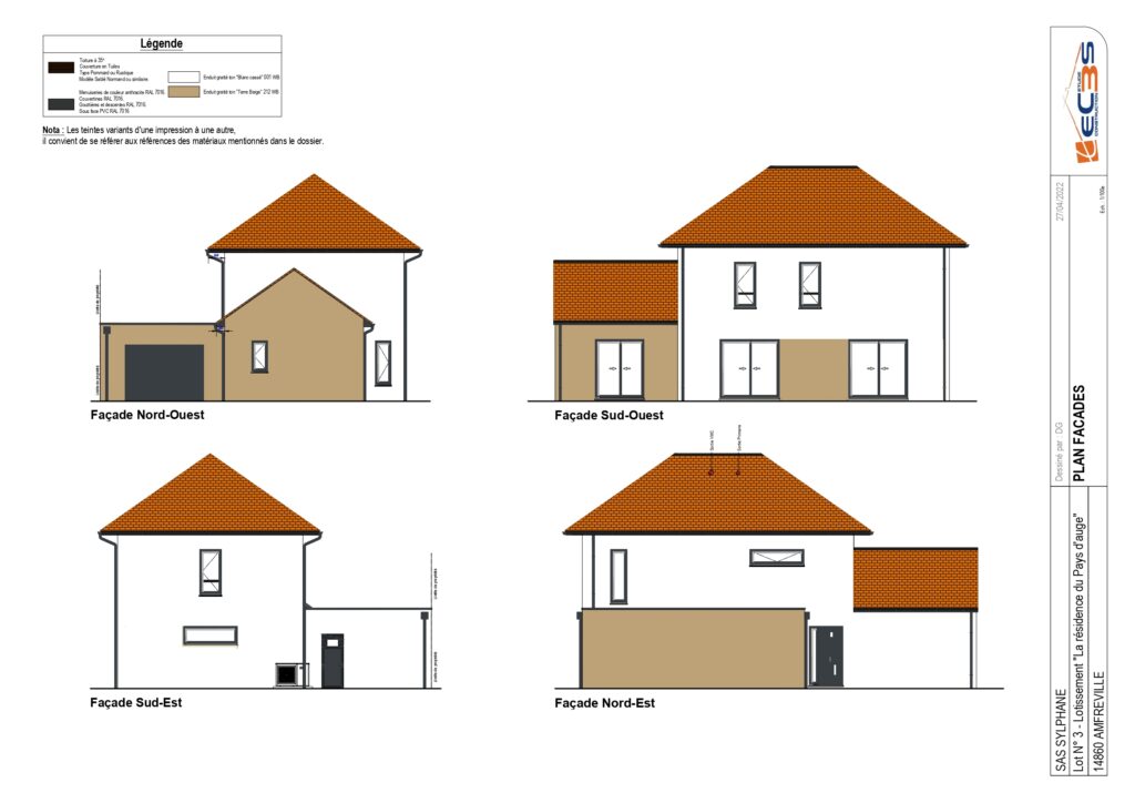 Plan de façades d'une maison individuelle à Amfreville 14860, développée par Sylphane Promotion, respectant les normes environnementales RE 2020.
