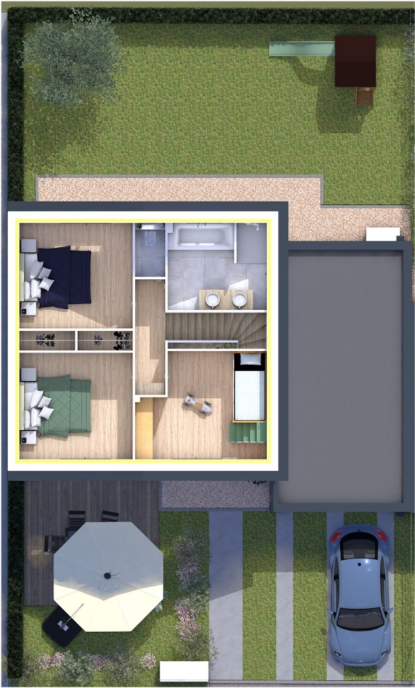 Vue en plan d'une maison individuelle moderne avec jardin, patio et stationnement, proposée par Sylphane Promotion à Caen.