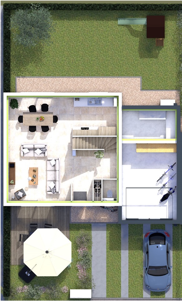 Plan d'une maison moderne avec jardin, terrasse et espace pour voitures, conçu par Sylphane Promotion à Caen.