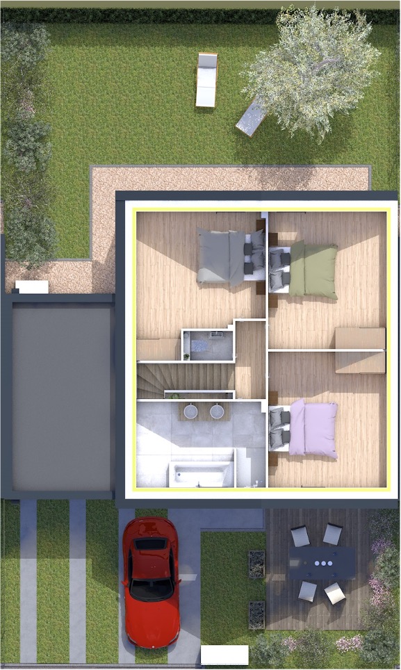 Vue aérienne d'une maison individuelle moderne avec jardin, terrasse et voiture, créée par Sylphane Promotion à Caen.