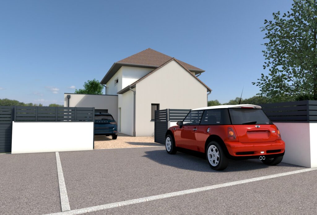 Maison contemporain à Amfreville 14860 à Caen avec garage, offrant des prestations haut de gamme et respectant les normes environnementales RE 2020.