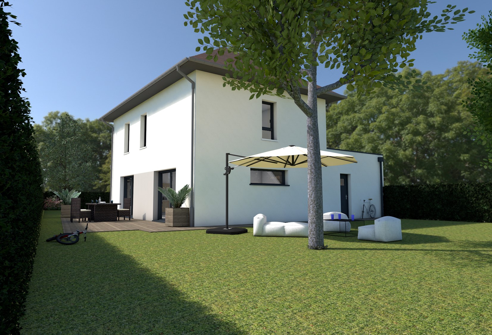 Maison moderne à Amfreville 14860, avec jardin, terrasse meublée et parasol, conçue par Sylphane Promotion à Caen, Normandie.