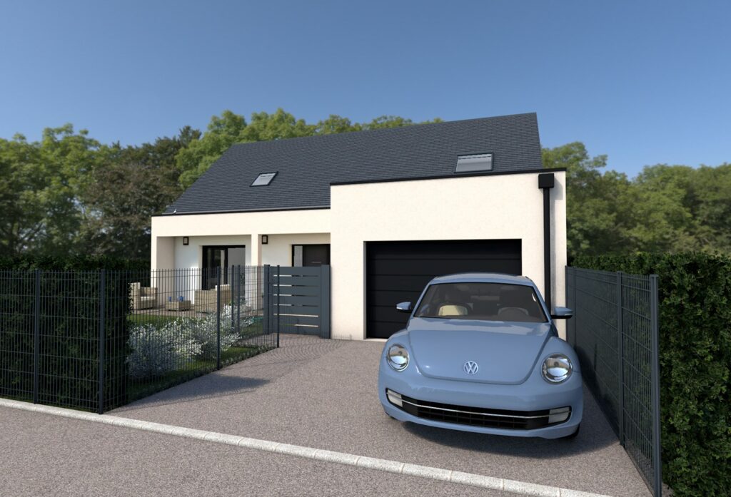 Maison moderne à Colleville Montgomery 14880, de Sylphane Promotion à Caen, avec espace extérieur, clôture, et véhicule stationné.