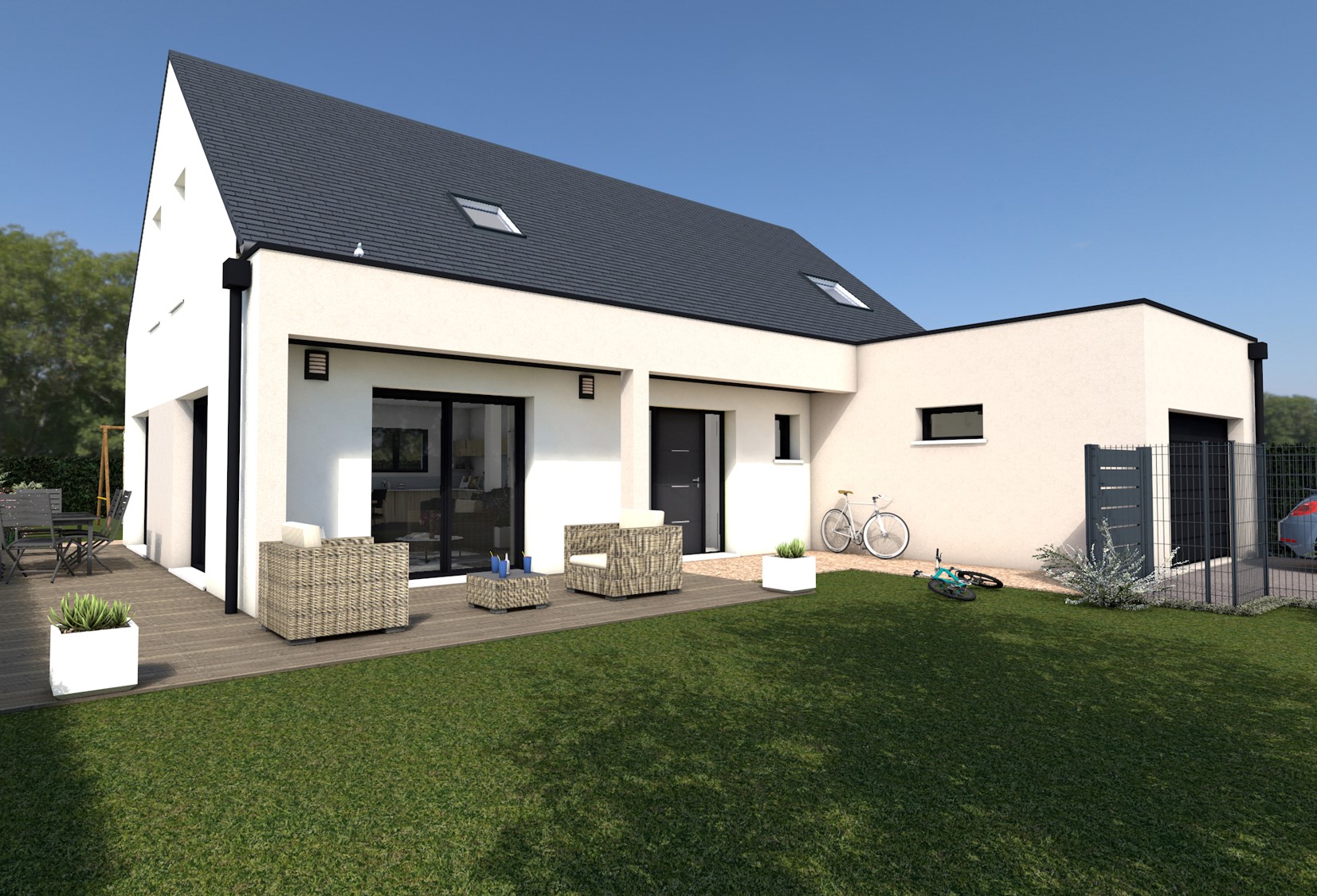 Maison moderne vendue à Colleville Montgomery 14880, en Normandie, avec jardin, terrasse et garage, construite par Sylphane Promotion, respectant les normes RE 2020.