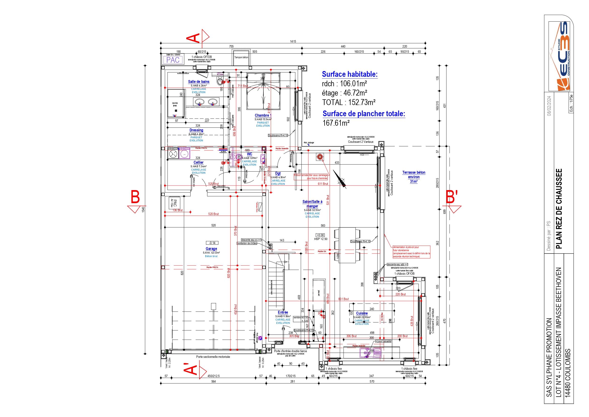 Plan de maison individuelle, à Coulombs 14480, de Sylphane Promotion à Caen, avec détails architecturaux et surface habitable.