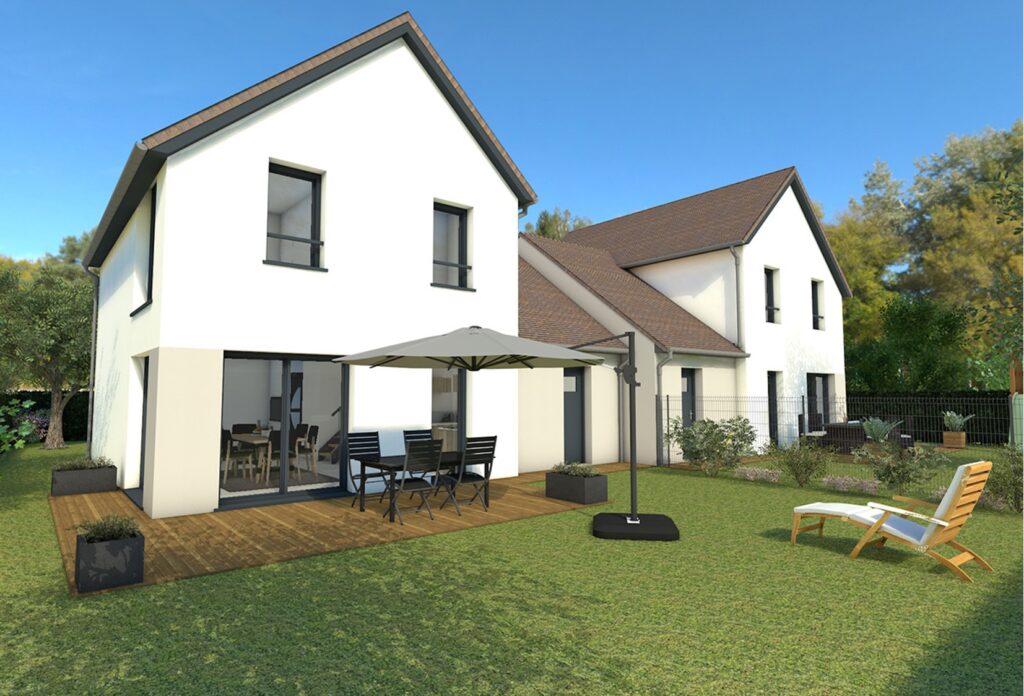 Maison à Amfréville 14860, moderne avec jardin, terrasse en bois et parasol, construite par Sylphane Promotion à Caen, Normandie.