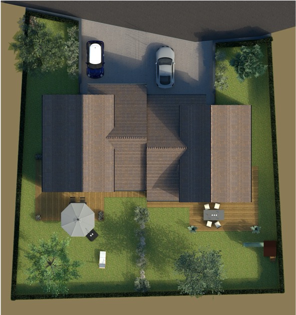 Vue aérienne d'une maison individuelle à Amfréville 14860, avec jardin, terrasses, et stationnement, conçue par Sylphane Promotion à Caen.