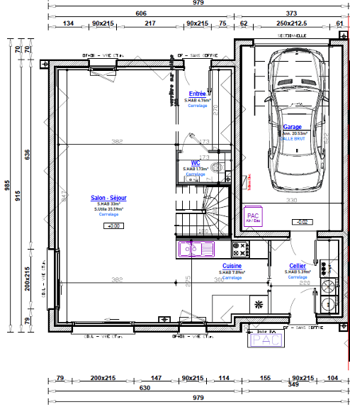 Plan de maison individuelle moderne à Amfréville 14860, avec garage, salon-séjour spacieux, cuisine et cellier. Design fonctionnel et conforme à la RE 2020.