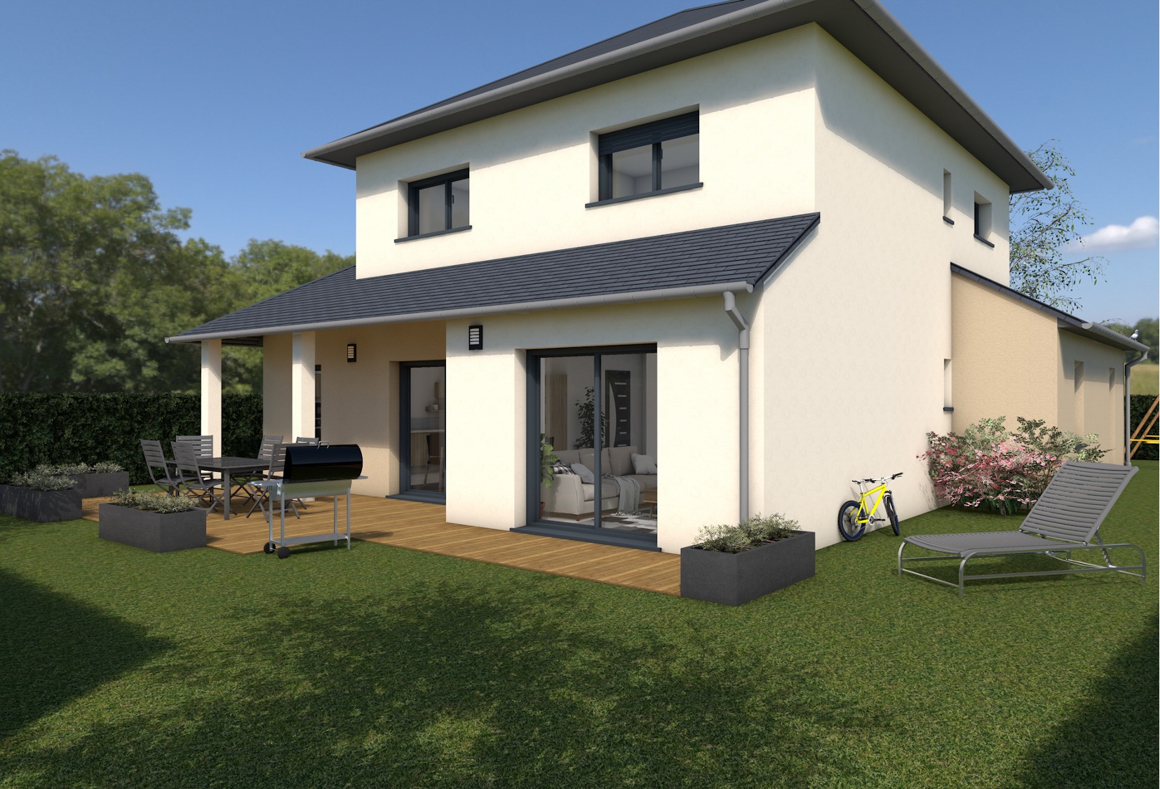 Maison moderne à Caen, Normandie, avec terrasse, jardin et équipements haut de gamme, conforme aux réglementations environnementales.