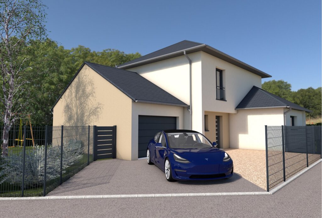 Maison moderne à Caen avec voiture électrique, respectant les normes environnementales et offrant des prestations haut de gamme.