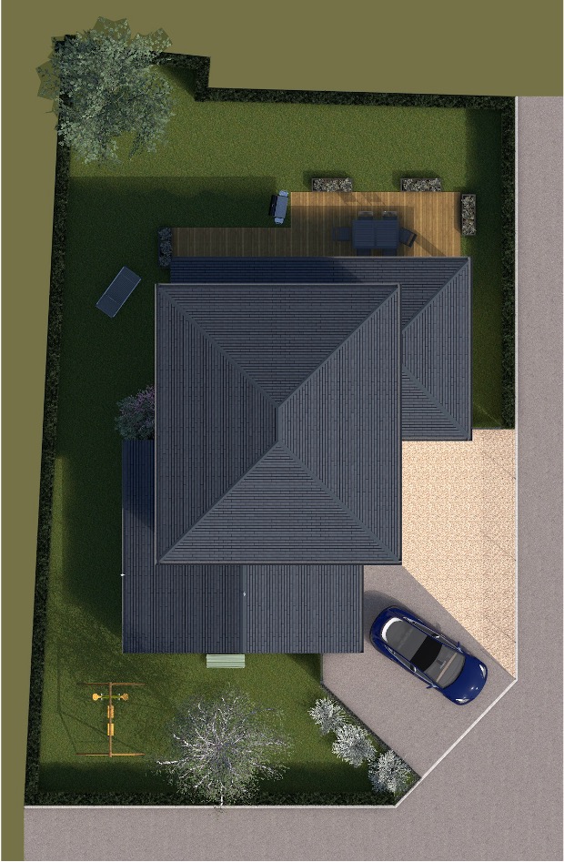 Vue aérienne d'une maison individuelle moderne avec terrasse, jardin, et parking, promue par Sylphane Promotion à Caen.