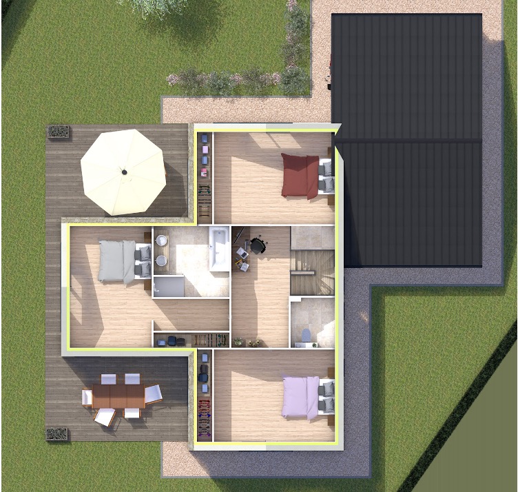 Plan d'une maison individuelle moderne, à Hermanville sur mer 14880, avec jardin, respectant les normes environnementales.