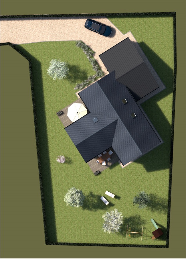 Vue aérienne d'une maison individuelle à Hermanville sur mer 14880, avec jardin, mise en valeur par des espaces extérieurs et un stationnement.