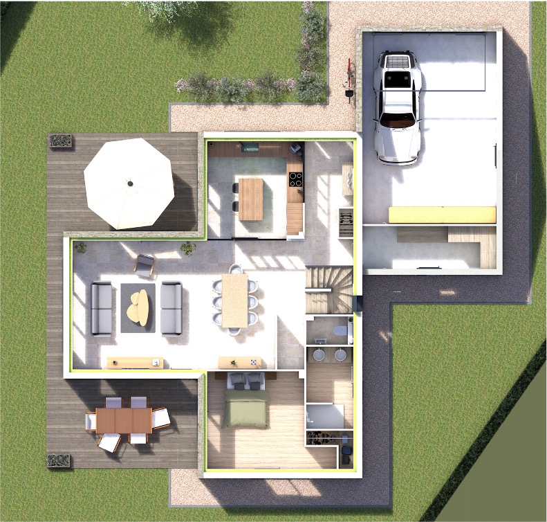Plan de maison moderne avec terrasse, jardin et garage, conçu par Sylphane Promotion à Hermanville sur mer 14880, Normandie.