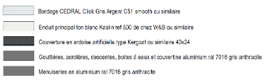 Légende de plan : bardage, enduit, couverture, gouttières et menuiseries en aluminium.