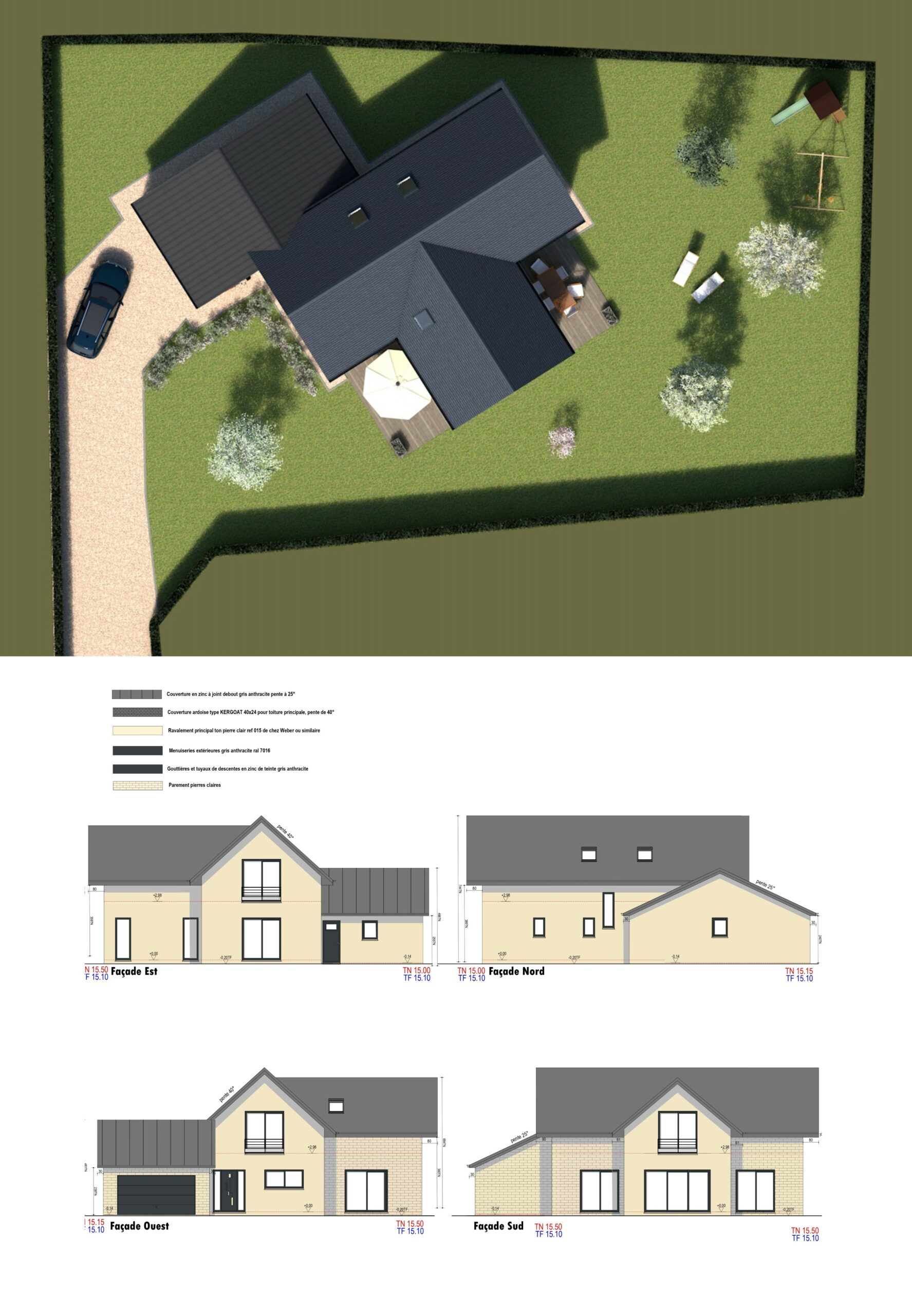 Plan de masse d'une maison moderne à Caen avec plans des façades est, nord, ouest et sud. Sylphane Promotion, promoteur immobilier.