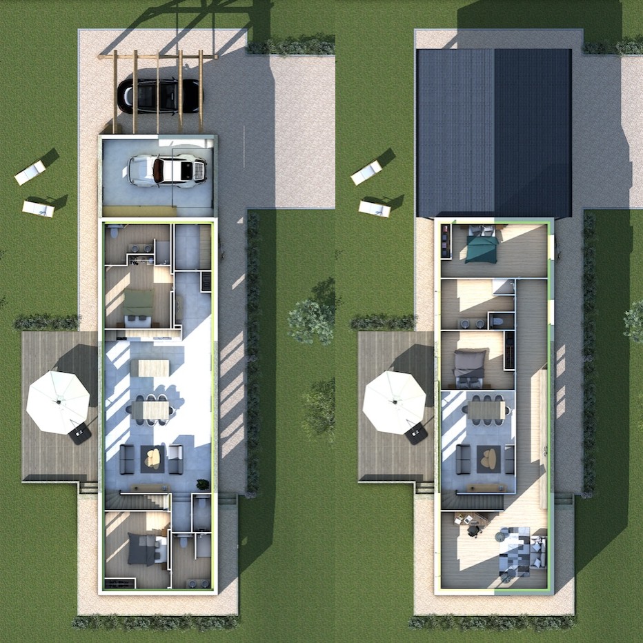 Plan de maison moderne avec garage, espaces extérieurs, et aménagement intérieur lumineux et fonctionnel.